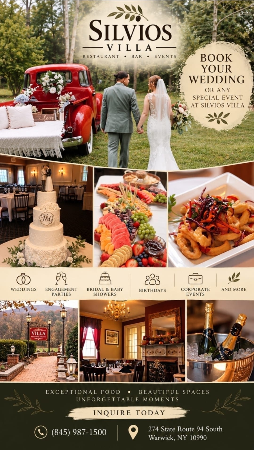 Book your wedding or any special event at Silvio's Villa. Weddings, engagement parties, bridal and baby showers, birthdays, corporate events. Call (845) 987-1500. 274 State Route 94 South, Warwick, NY 10990
